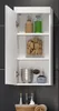 A white bathroom cabinet with its door open, displaying various toiletries and containers on its shelves. Podgląd zdjęcia produktu