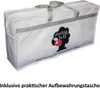 A white storage bag with a logo and text, containing a product. Produktbild-Vorschau