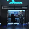 A gaming bedroom setup with a loft bed, desk, computer, and closet, illuminated by blue LED lights. Produktbild-Vorschau