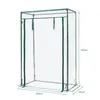A transparent greenhouse with green trim and a roll-up door, shown against a white background with dimensions indicated. Náhled obrázku produktu