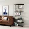 A living room scene with a brown leather sofa and a black metal bookshelf filled with books and decorative items. Voir les images du produit