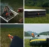 Collage of images showing the Flextail Max Pump 3 in various outdoor settings, including near a campfire, on an air mattress, and on an inflatable boat. Podgląd zdjęcia produktu