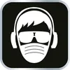 A white graphic of a person wearing safety gear, including headphones, goggles, and a mask, on a black background with a silver border. Produktbild-Vorschau