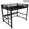 A black metal loft bed with a desk underneath and blue LED lighting. Produktbild-Vorschau