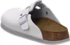 A single white Birkenstock clog is shown from a side-diagonal angle against a white background. Produktbild-Vorschau