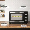 A Steinborg mini oven is shown on a wooden countertop against a white brick wall. Text overlays highlight features like capacity, heating options, ease of use, and a large viewing window. Produktbild-Vorschau