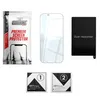 A flat lay of a screen protector kit for a device, including the screen protector, a dust absorber, and wet and dry wipes. Produktbild-Vorschau