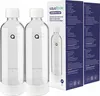 Two clear glass bottles with white caps and bases are shown next to a product box. The box has text and images related to the bottles. Podgląd zdjęcia produktu
