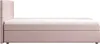 A side view of a pink upholstered boxspring bed with a white mattress and topper, set against a white background. Voir les images du produit