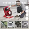 A person is using a pipe cleaning machine with different cutters, and there are inset images showing different types of pipes. Produktbild-Vorschau