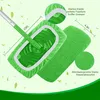 A green mop head and a spare microfiber pad are shown with measurements and feature descriptions. Produktbild-Vorschau