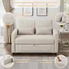 A beige sofa bed is shown in a room with curtains and framed pictures in the background. Callouts highlight features of the sofa. Produktbild-Vorschau