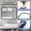 A collage of images showcasing a bathroom mirror and its features, including a close-up of its reflection, rounded corner, and a hand cleaning its surface. Produktbild-Vorschau