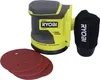 A Ryobi RROS18-0 Akku-Exzenterschleifer with sanding discs and a dust bag. Podgląd zdjęcia produktu