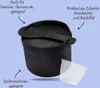A black rice cooker with a lid and a scoop, and a measuring cup. There is text indicating its features and suitability for certain foods. Produktbild-Vorschau