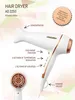 A white and copper hair dryer with feature callouts and text. Anteprima dell’immagine prodotto