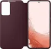 A burgundy Samsung Galaxy S22 Plus 5G Folio Clear View Cover is shown open, displaying the phone's screen. Podgląd zdjęcia produktu