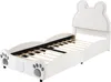 A white children's bed with a bear-ear shaped headboard and paw print details on the footboard. Produktbild-Vorschau