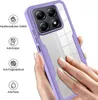 A hand is holding a phone case with a transparent back and purple edges, showcasing its features. Produktbild-Vorschau