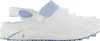 A white and light blue clog shoe, shown from the side.