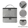 A two-tiered gray cosmetic bag with zippers and a handle, shown against a white background. Close-up insets highlight the stitching, fabric texture, and zipper detail. Produktbild-Vorschau