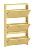 A light wood shoe cabinet with three flip-down drawers, each with a silver handle. Podgląd zdjęcia produktu