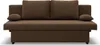 A brown sofa with two large back cushions and two small armrest cushions, shown from the front.