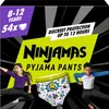 The image shows the packaging for Pampers Ninjamas Pyjamahose with a rocket ship design, featuring two children in dynamic poses and a pair of the pyjama pants. The background is a stylized black and gray pattern with bursts of color. Produktbild-Vorschau