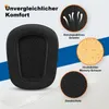A close-up of a black ear pad for a gaming headset, with accompanying graphics and text highlighting its features. Produktbild-Vorschau