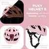 Collage of images showing a pink bicycle helmet with different angles and features highlighted. Anteprima dell’immagine prodotto