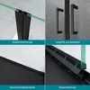 A collage of four close-up images showcasing different features of a shower door. Produktbild-Vorschau