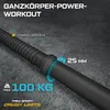Close-up of a black barbell with text overlays highlighting features. Produktbild-Vorschau