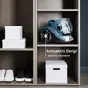 A blue vacuum cleaner is placed on a shelf in a storage unit, next to white boxes and shoes on other shelves. Produktbild-Vorschau
