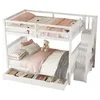 A white bunk bed with storage drawers and a ladder, decorated with pink and gray bedding and pillows. Náhled obrázku produktu