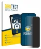 A product shot of a screen protector packaging and a phone with a screen protector applied. Produktbild-Vorschau