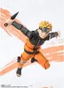 An action figure of Naruto Uzumaki in a dynamic pose, holding a kunai. The background features abstract orange brush strokes. Produktbild-Vorschau