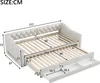 A diagram showing the dimensions of a daybed with a pull-out trundle bed and drawers. Voir les images du produit
