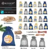 A collage of images showcasing KESSER® advent calendar bags, clothespins, and twine, with text overlays providing product details and dimensions. Produktbild-Vorschau