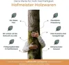 A person hugging a tree, surrounded by leaf icons and text highlighting sustainability features. Produktbild-Vorschau