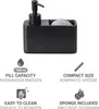 A black soap dispenser with a sponge holder and accompanying feature icons and text. Produktbild-Vorschau