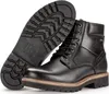 A pair of black leather lace-up boots shown from a slightly elevated angle, with one boot standing upright and the other lying on its side, revealing the sole. Produktbild-Vorschau