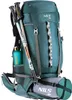 A green hiking backpack with trekking poles and a water bottle attached. Produktbild-Vorschau