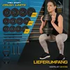 A woman is performing a squat exercise with a dumbbell. The background shows various weight plates and accessories, along with marketing text. Produktbild-Vorschau