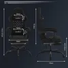 Two views of a black gaming chair with dimensions indicated by white lines and text. Produktbild-Vorschau