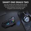 A motorcycle helmet Bluetooth headset is shown next to a smartphone displaying a music app. Produktbild-Vorschau