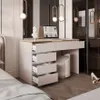 A modern bedroom with a white vanity desk, laptop, and stool. Produktbild-Vorschau