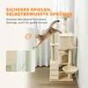 A cat is jumping onto a cat tree, with text overlays highlighting safety features. Náhled obrázku produktu