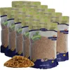 Multiple bags of pet food are stacked and arranged diagonally, with a pile of the food product in the foreground. Produktbild-Vorschau