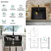 A collage of images showing a black granite sink, its features, dimensions, and installation context. Produktbild-Vorschau