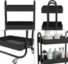 A collage of four images showing a black rolling storage cart from different angles and with items on it. Produktbild-Vorschau